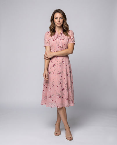 Damen Chiffon-Midikleid Schleifenkragen Volantärmel Tellerrock