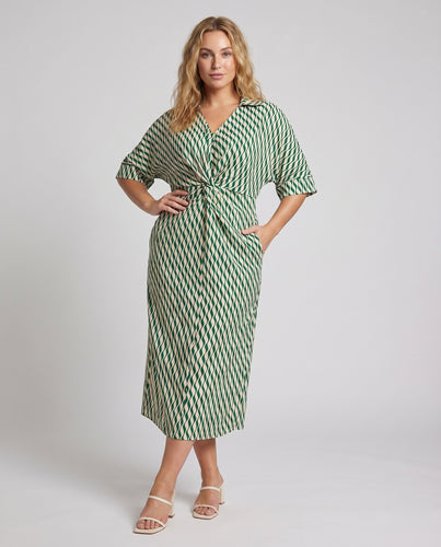 Damen Midikleid Twist-Taille Kimonoärmel V-Ausschnitt