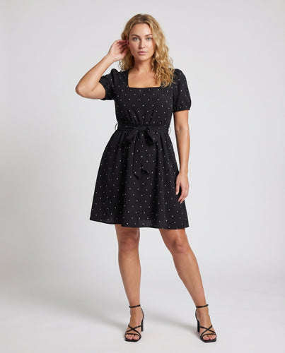 Damen Punkte-Midikleid Puffärmel Bindegürtel Quadrat-Ausschnitt