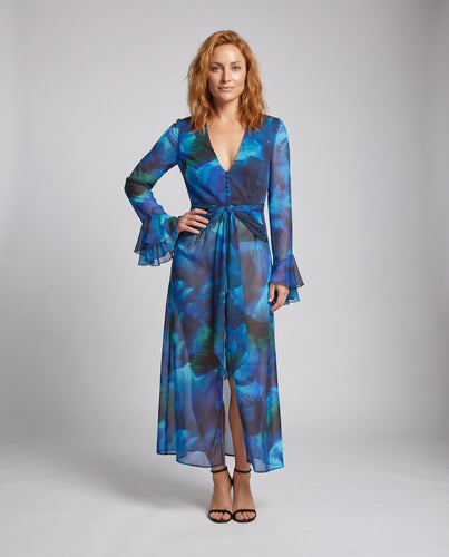 Damen Chiffon-Wickelmaxikleid Perlenbesatz Beinschlitz V-Ausschnitt