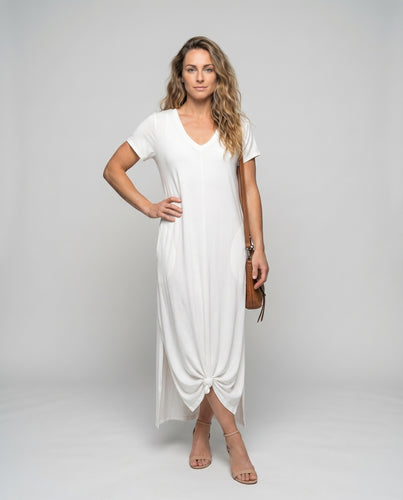Damen V-Ausschnitt-Maxikleid Knoten-Saum Eingrifftaschen Kurze Ärmel