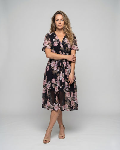 Damen Chiffon-Midikleid V-Ausschnitt A-Linie Bindegürtel