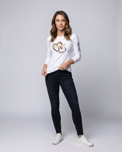 Damen Langarmshirt Herz-Print Statement-Ärmel Rundhals