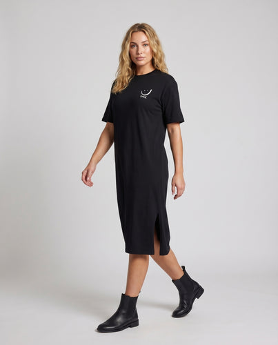 Damen Longshirt-Kleid Saumschlitze Brustprint Rundhals