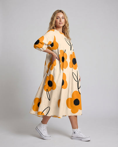 Damen Swing-Midikleid Blumenprint Kimonoärmel Weit geschnitten