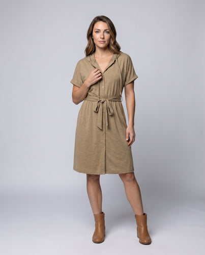 Damen Kapuzenkleid Hemd-Look Bindegürtel Überschnittene Ärmel