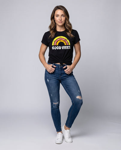 Damen Statementshirt Regenbogenmotiv Retro-Look Knotendetail