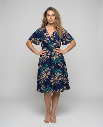 Damen Swing-Midikleid Tiefer V-Ausschnitt Smok-Taillenpartie Volantärmel