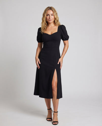 Damen A-Linien-Kleid Puffärmel Beinschlitz Herzförmiges Dekolleté
