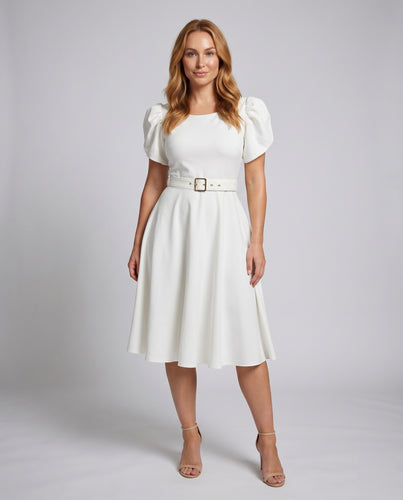 Damen A-Linienkleid Bootsausschnitt Puffärmel Taillengürtel