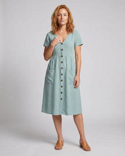Damen Midikleid Empirenaht Knopfleiste Seitentaschen