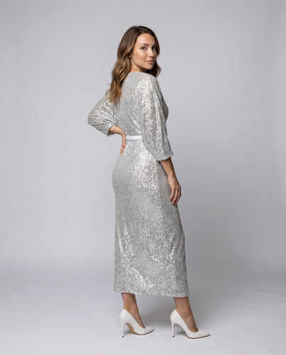 Damen Pailletten-Abendkleid Fledermausärmel Beinschlitz V-Ausschnitt