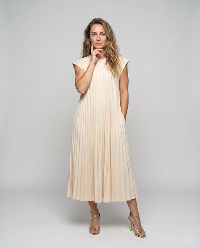 Damen Plissiertes Midikleid Cap-Ärmel Nahttaschen Kastige Schultern