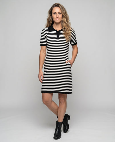 Damen Strickmidikleid Polokragen Knopfleiste Rippstruktur