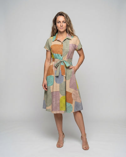 Damen Hemdkleid Geometrisches Muster Bindegürtel Leinenoptik