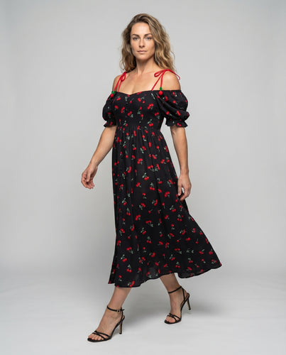 Damen Retro-Midikleid Kirschen-Allover Puffärmel Schleifenträger