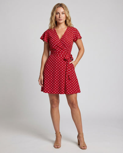 Damen Retro-Punktkleid Wickeloptik Tellerrock V-Ausschnitt