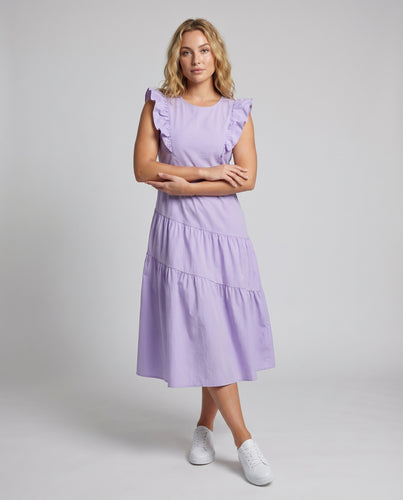 Damen Romantisches Midikleid Rüschenärmel Gestufte Rockpartie Bindeschlaufe