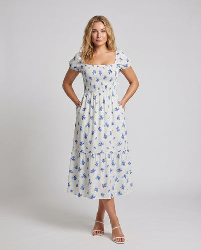 Damen Romantisches Midikleid Smokbustier Puffärmel Stufenrock