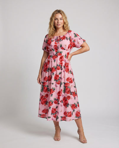 Damen Rosenmuster-Maxikleid Carmen-Ausschnitt Bindekordel Elastik-Taille