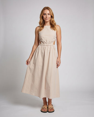 Damen Midikleid Leinenlook Geraffte Träger Elastische Taille