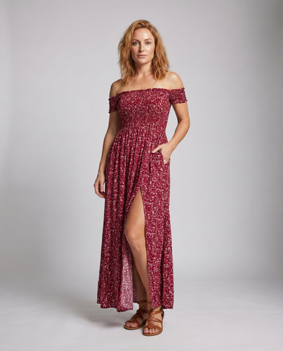 Damen Boho-Maxikleid Schulterfrei Carmenärmel Seitenschlitz