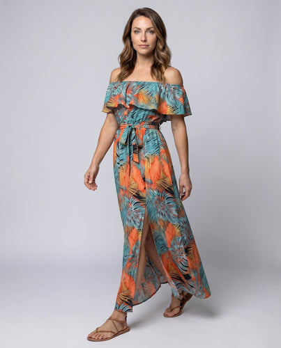 Damen Maxikleid Carmenausschnitt Kordel-Taille Beinschlitz