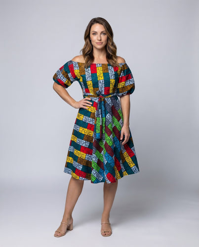 Damen Wachsdruck-Kleid Puffärmel Bindegürtel A-Linie