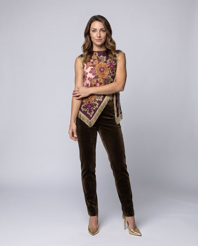 Damen Seidentuch-Top Asymmetrischer Zipfel Fransensaum Barock-Print