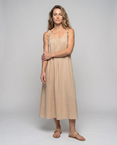 Damen Maxikleid Bindeträger Geraffter Rundhals A-Linie