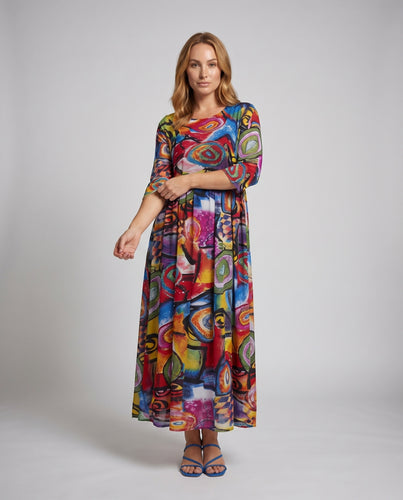 Damen Maxikleid Dreiviertelärmel Locker Rundhalsausschnitt Allover-Print