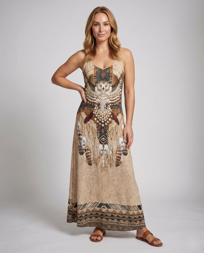 Damen Maxikleid Ethno-Eulenprint Spaghettiträger A-Linie