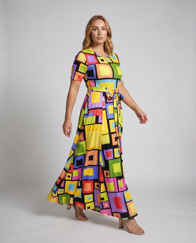 Damen Maxikleid Geometrisches Muster Bindegürtel Elastik-Jersey