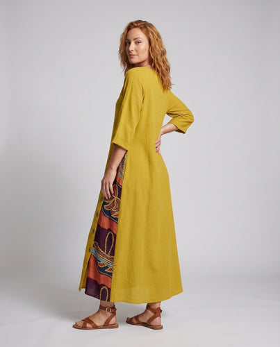 Damen Maxikleid Print-Einsatz Knopfdetail A-Linie