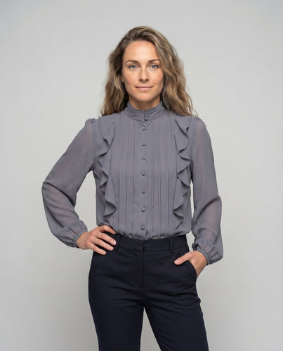 Damen Chiffonbluse Stehkragen Rüschen Plisseevorderseite
