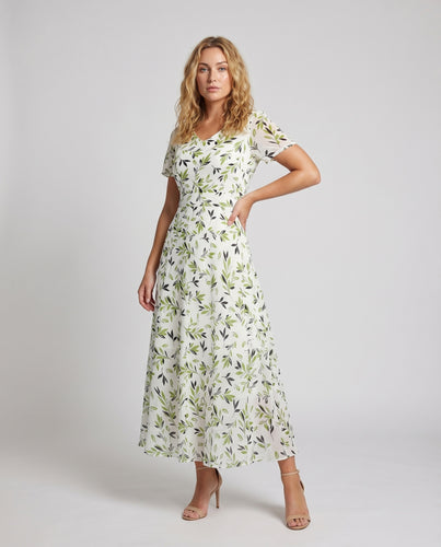 Damen V-Ausschnitt Maxikleid Blattmuster A-Linie Tailliert