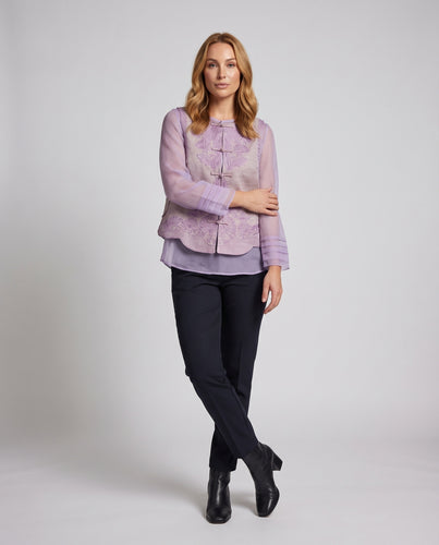 Damen Chiffonbluse Leinenoptik-Weste Mehrlagiger Saum