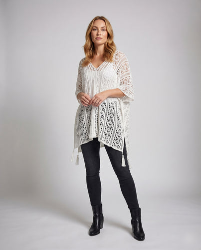 Damen Poncho Bluse Gehäkelt V-Ausschnitt Fransen