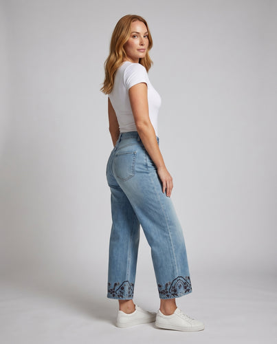Damen Culotte-Jeans Florale Stickerei am Saum Hochgeschnitten