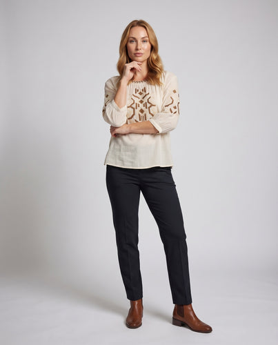 Damen Tunika-Bluse Folklorische Stickerei Gesmokter Rundhals