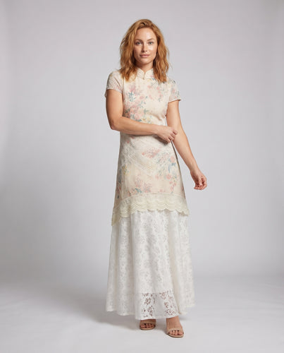 Damen Spitzenkleid Stehkragen Zweilagiger Chiffonrock Romantisch