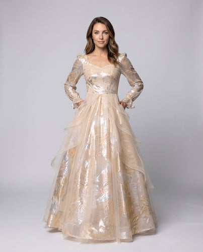 Damen Ballkleid Mehrlagiger Glanz-Tüll Puffärmel Bodenlang