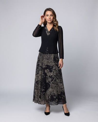 Damen Zweiteiliges Kleid Bestickte Bluse Weiter Chiffonrock