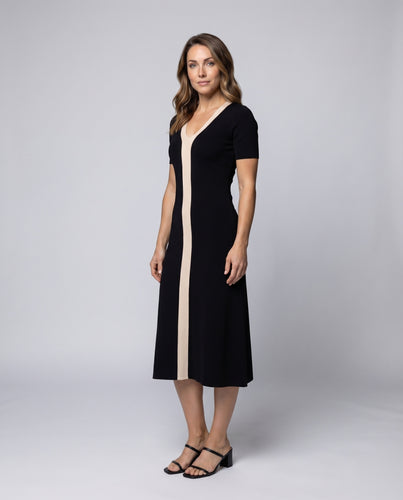 Damen Ripp-Midikleid V-Ausschnitt Kontraststreifen Figurbetont