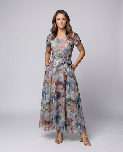 Damen Chiffon Maxikleid Taillengürtel V-Ausschnitt Fließend