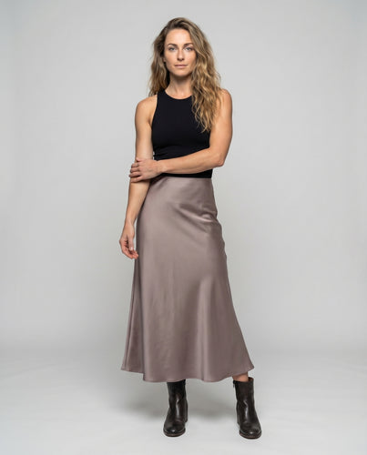 Damen Satin Maxirock Hoher Bund A-Linie Schräg geschnitten
