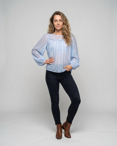 Damen Chiffonbluse Gerüschter Rundhals Puffärmel Transparent
