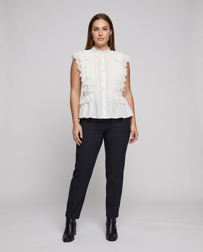 Damen Spitzenbluse Stufenvolants Biesenfront Perlenknopfleiste