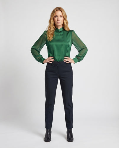 Damen Satinbluse Stehkragen Knebelverschluss Chiffonärmel