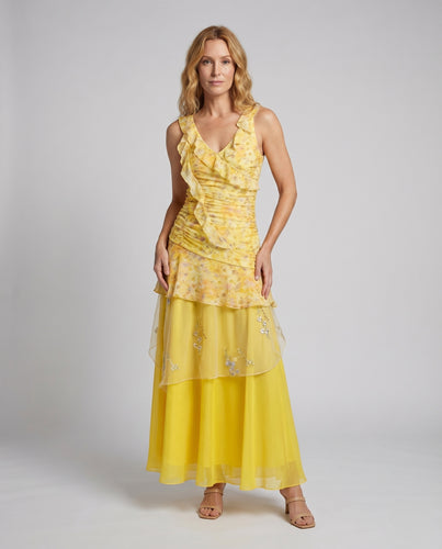 Damen Rüschen-Maxikleid Organza-Lagen Florale Stickerei